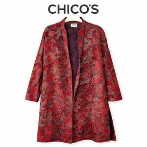 Vintage Chico’s Design Red Floral Tapestry Jacket Duster Boho Art Coat